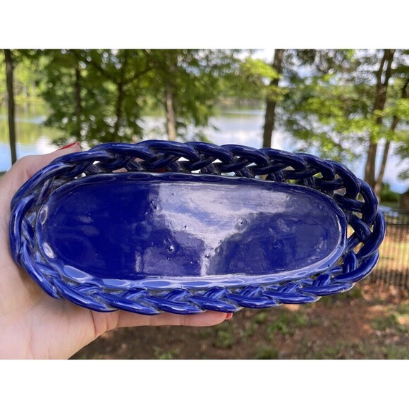 PRIMO'GI BASSANO Cobalt Blue Ceramic Basket Woven Made in Italy Org Gold Label - Picture 1 of 12